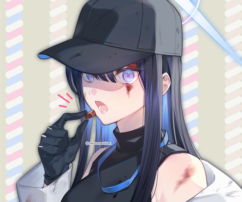 1girl bangs bare_shoulders baseball_cap black_gloves black_hair black_headwear black_shirt blood blood_on_face blue_archive blue_eyes blue_hair breasts bruise chocolate coat commentary_request dirty dirty_clothes eating food gloves hand_up hat holding holding_food injury long_hair looking_at_viewer lower_teeth_only medium_breasts multicolored_hair natsumachisan no_mask open_mouth portrait saori_(blue_archive) shirt sleeveless sleeveless_shirt solo teeth two-tone_hair white_coat