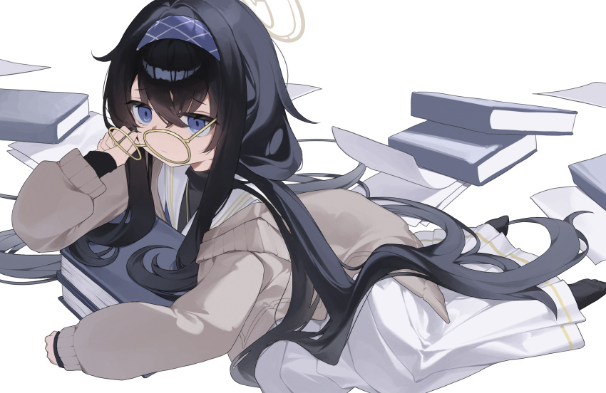 1girl bangs black_hair black_pantyhose blue_archive blue_eyes blue_hairband book cardigan closed_mouth commentary_request crossed_bangs fallen_down glasses hair_spread_out hairband halo highres light_frown long_hair long_skirt long_sleeves low_twintails no_shoes pantyhose pile_of_books round_eyewear sailor_collar sidelocks skirt solo tiko_(idadsa91) twintails ui_(blue_archive) very_long_hair white_sailor_collar white_skirt