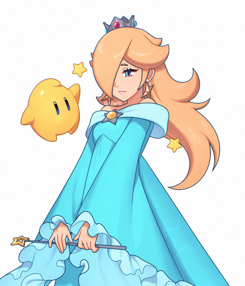 1girl blonde_hair blue_dress blue_eyes crown dress earrings hair_over_one_eye highres holding holding_wand jewelry long_hair luma_(mario) rosalina saiwoproject simple_background star_(symbol) super_mario_bros. wand white_background