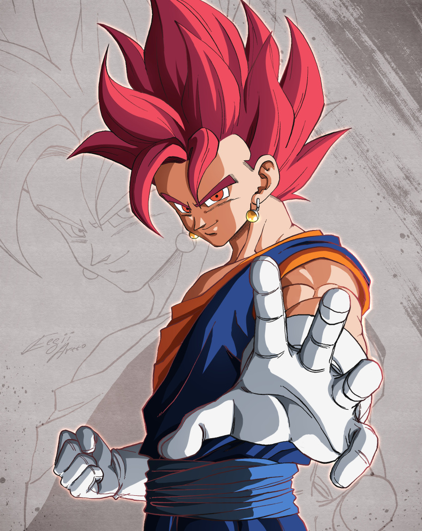 1boy absurdres clenched_hand commentary dragon_ball dragon_ball_super earrings eegiiartto gloves highres jewelry male_focus potara_earrings red_eyes redhead signature smile solo super_saiyan super_saiyan_god upper_body vegetto white_gloves zoom_layer
