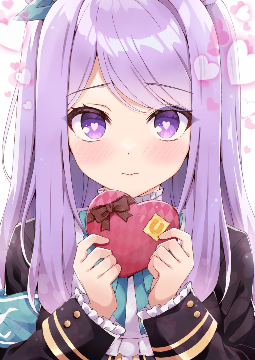 1girl 3: animal_ears bangs black_jacket blue_bow blue_bowtie blue_ribbon blush bow bowtie box box_of_chocolates brown_bow buttons closed_mouth commentary_request frilled_sleeves frills hair_ribbon hands_up heart heart-shaped_box heart-shaped_pupils highres holding holding_box horse_ears horse_girl jacket long_hair long_sleeves looking_at_viewer mejiro_mcqueen_(umamusume) purple_hair ribbon rioshi shirt sidelocks simple_background solo straight-on striped striped_bow symbol-shaped_pupils umamusume upper_body valentine violet_eyes white_background white_shirt