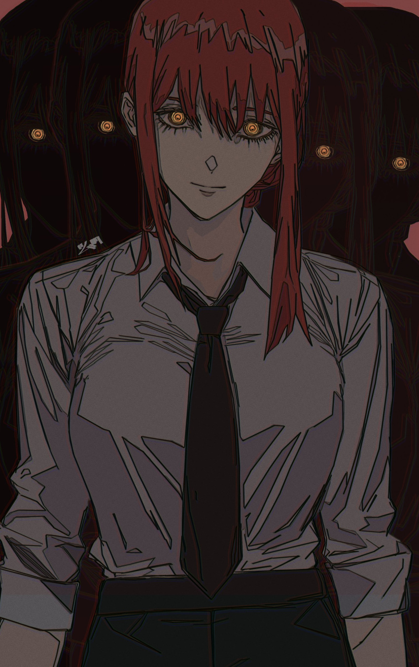 1girl absurdres bangs black_necktie black_pants braid braided_ponytail brown_background chainsaw_man clone collared_shirt dark eyes_in_shadow highres looking_at_viewer makima_(chainsaw_man) medium_hair necktie pants redhead ringed_eyes shaded_face shadow shirt shirt_tucked_in sidelocks simple_background sleeves_rolled_up tumubar117 white_shirt yellow_eyes