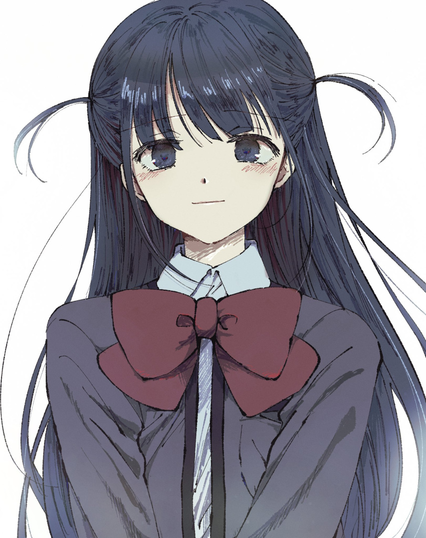 1girl bangs black_eyes black_hair blush bow bowtie breast_pocket closed_mouth collared_shirt grey_jacket highres jacket light_smile long_hair long_sleeves looking_at_viewer nori_(cheiwbciwkxbdjr) open_clothes open_jacket pocket red_bow red_bowtie school_uniform seishou_music_academy_uniform shirt shoujo_kageki_revue_starlight sidelocks simple_background solo tsuyuzaki_mahiru two_side_up upper_body v_arms white_background white_shirt