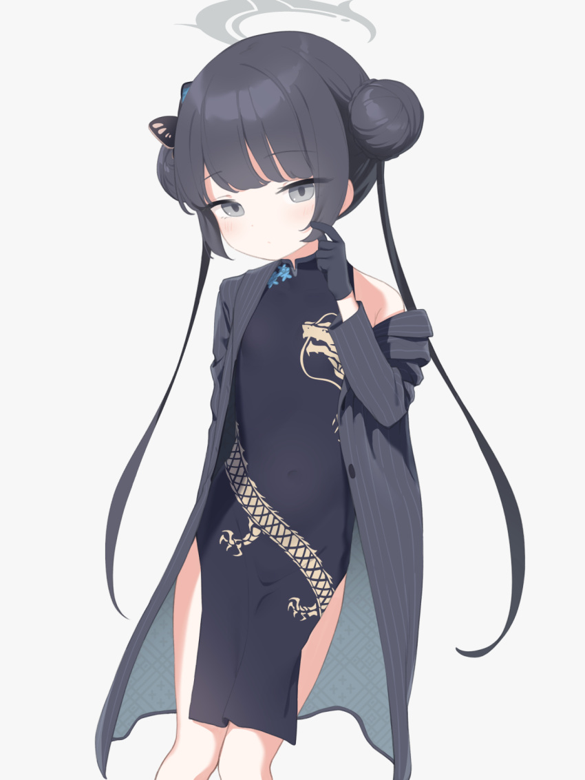 1girl black_dress black_gloves black_hair blue_archive braid braided_bun butterfly_hair_ornament china_dress chinese_clothes closed_mouth coat commentary_request double_bun dragon_print dress expressionless feet_out_of_frame gloves grey_coat grey_eyes hair_bun hair_ornament halo highres kisaki_(blue_archive) long_hair looking_at_viewer matanukinuki open_clothes open_coat pelvic_curtain playing_with_own_hair sidelocks simple_background single_bare_shoulder sleeveless sleeveless_dress solo standing very_long_hair white_background