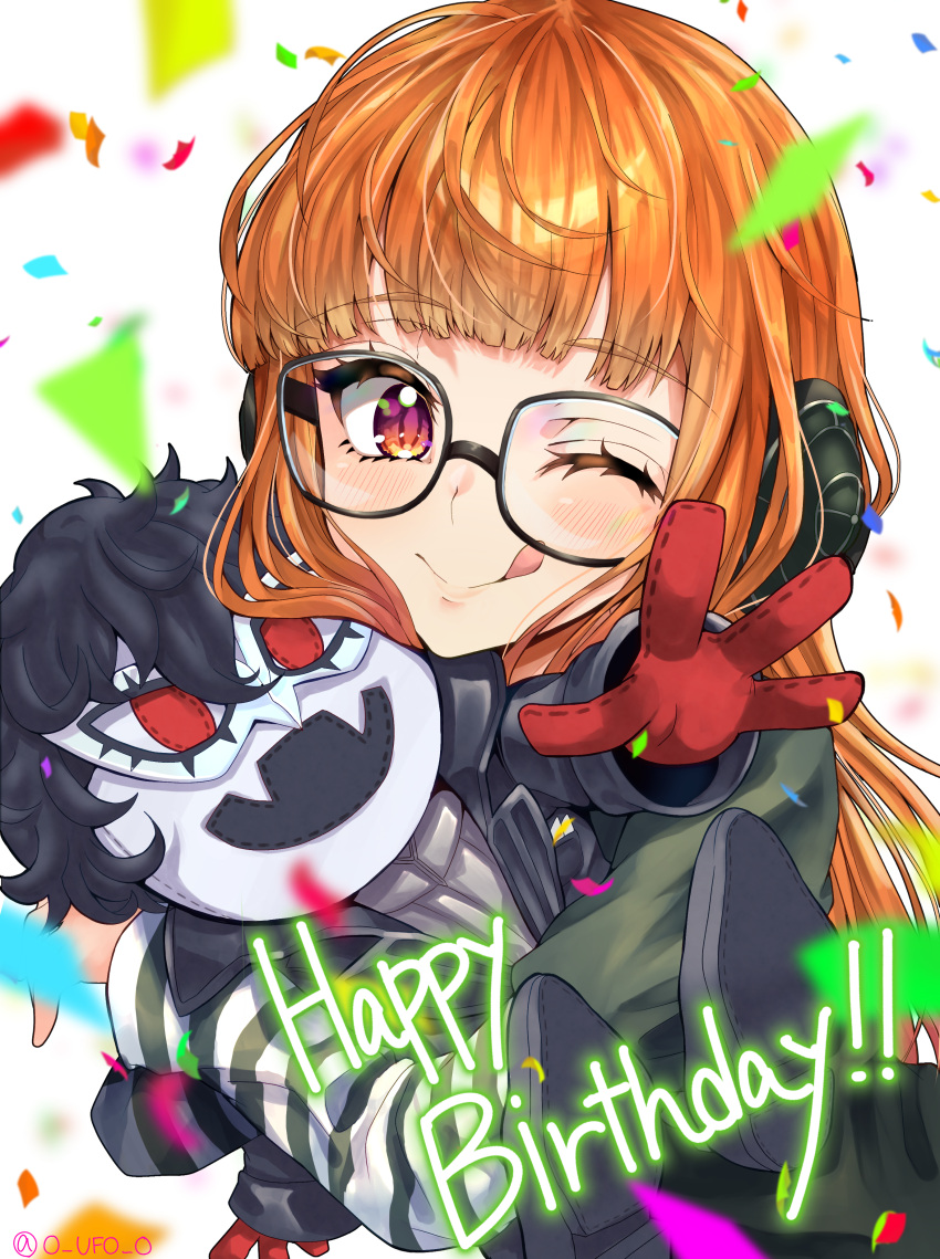 1girl ;q absurdres adamusuki_(user_aahn7557) amamiya_ren behind-the-head_headphones birthday blush closed_mouth confetti english_commentary eye_mask glasses gloves happy_birthday headphones highres jack_frost long_hair looking_at_viewer object_hug one_eye_closed orange_hair persona persona_5 red_gloves sakura_futaba smile solo striped_sleeves stuffed_toy tongue tongue_out