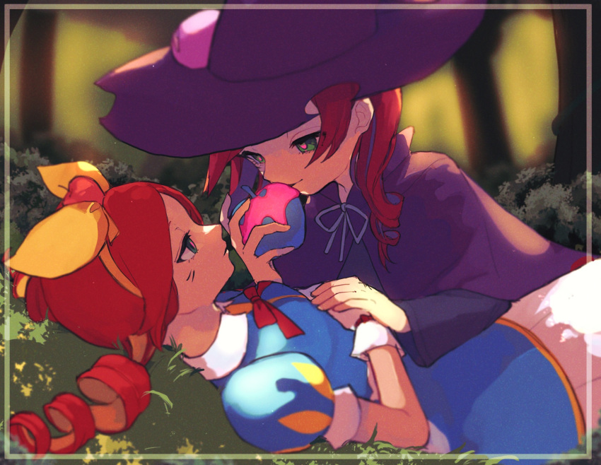 2girls alternate_costume andou_ringo apple apple_hair_ornament blue_dress cinderella dress drill_hair dual_persona food food-themed_hair_ornament fruit gloves green_eyes hair_ornament hairband hat highres holding holding_food holding_fruit holding_hands looking_at_another multiple_girls on_grass on_ground purple_dress puyopuyo puyopuyo_quest redhead ribbon urolo white_gloves witch_hat yellow_hairband yellow_ribbon