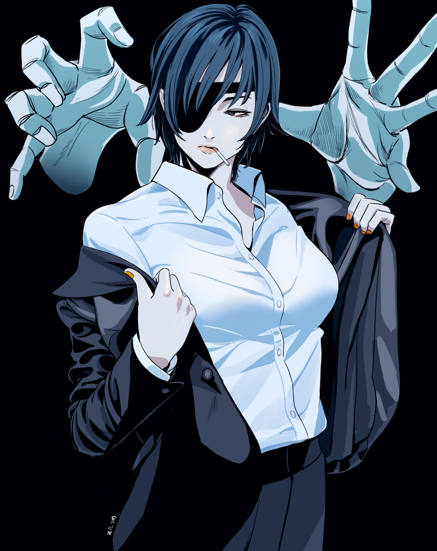 1girl atarime_(nemuidesu) bangs black_background black_hair chainsaw_man cigarette collared_shirt dark_background eyepatch ghost_devil_(chainsaw_man) ghost_hands highres himeno_(chainsaw_man) jacket looking_to_the_side orange_nails removing_jacket shirt short_hair simple_background solo white_jacket white_shirt