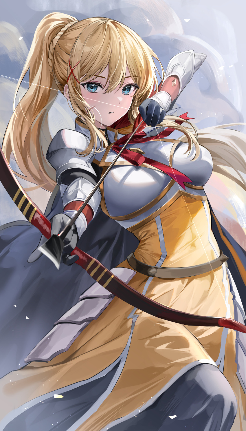 1girl absurdres aqua_eyes armor belt black_gloves blonde_hair bow_(weapon) breastplate breasts brown_belt closed_mouth clouds commission darkness_(konosuba) dress faulds floating_hair gloves hair_ornament high_ponytail highres holding holding_bow_(weapon) holding_weapon kono_subarashii_sekai_ni_shukufuku_wo! large_breasts lillly long_hair looking_at_viewer neck_ribbon red_ribbon ribbon shoulder_armor sidelocks sky solo weapon x_hair_ornament yellow_dress