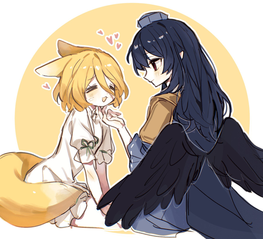 2girls :d animal_ears armor bird_wings black_hair black_wings blonde_hair blue_dress blue_hair blush dark_blue_hair dress feathered_wings flat_chest fox_ears fox_tail from_side hair_between_eyes hand_on_another's_chin hat heart highres iizunamaru_megumu kudamaki_tsukasa light_smile long_hair low_wings multiple_girls outline pauldrons pointy_ears profile shoulder_armor simple_background single_pauldron sitting sleeves_past_elbows smile springarashi02 stroking_another's_chin tail tareme tokin_hat touhou white_outline white_romper wings yuri