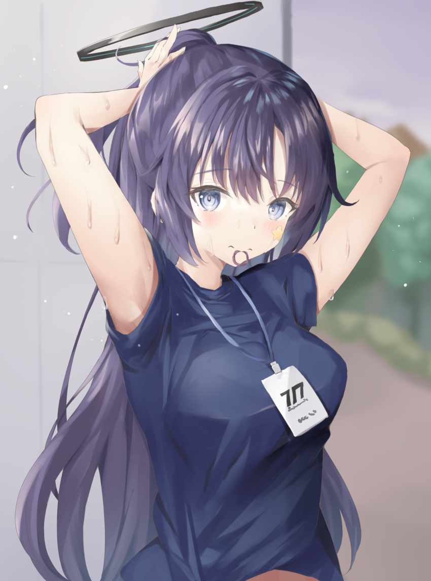 1girl adjusting_hair arms_behind_head bangs black_hair blue_archive blurry commentary_request depth_of_field facial_tattoo gym_shirt gym_uniform hair_between_eyes half_updo halo highres ichiyo_tsuyu_(glacia_glagla) id_card lanyard long_hair looking_at_viewer mouth_hold official_alternate_costume ponytail shirt short_sleeves sidelocks solo star_tattoo sweat tattoo violet_eyes wet wet_clothes wet_shirt yuuka_(blue_archive) yuuka_(gym_uniform)_(blue_archive)