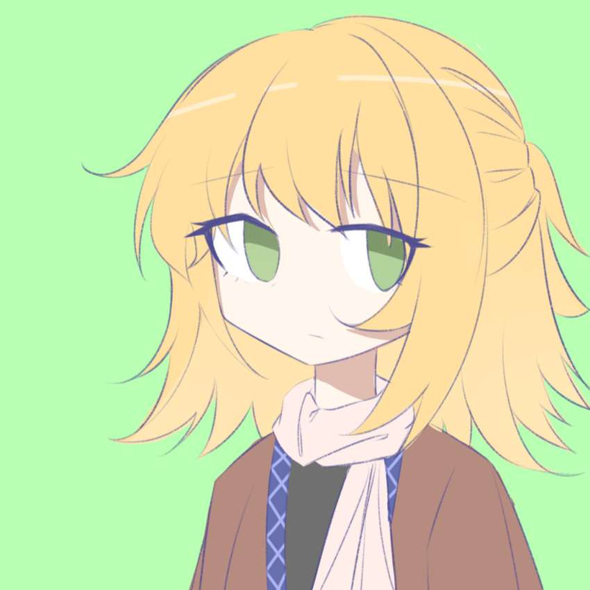 1girl amorinco bangs black_shirt blonde_hair brown_jacket closed_mouth green_background green_eyes jacket medium_hair mizuhashi_parsee no_nose open_clothes open_jacket portrait scarf shirt simple_background solo touhou white_scarf