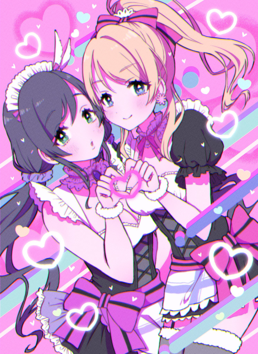 2girls apron ayase_eli bangs blonde_hair blue_eyes bow commentary earrings english_commentary flower_earrings green_eyes hair_ornament hair_scrunchie heart heart_hands heart_hands_duo highres jewelry long_hair love_live! love_live!_school_idol_project low_twintails maid_headdress maumauma_mau multiple_girls ponytail puffy_short_sleeves puffy_sleeves purple_bow purple_hair scrunchie short_sleeves smile swept_bangs toujou_nozomi twintails valentine wrist_cuffs