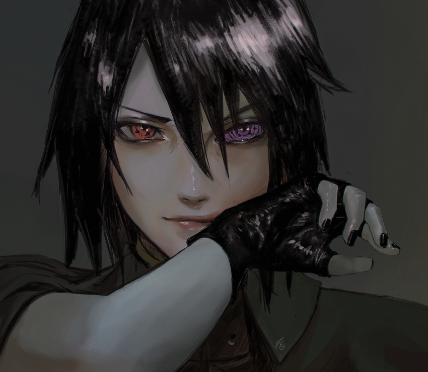 1boy black_hair black_nails fingerless_gloves gloves hair_between_eyes hand_to_own_mouth highres lips mismatched_pupils naruto_(series) nose simple_background solo tamelee uchiha_sasuke