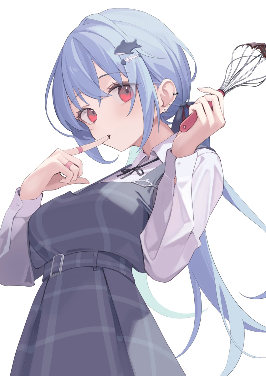 1girl bangs black_ribbon blue_hair breasts chocolate_on_hand collared_shirt commentary_request dress ear_piercing earrings finger_to_mouth fish_skeleton food_on_hand grey_dress hair_between_eyes hair_ornament highres jewelry long_hair long_sleeves looking_at_viewer medium_breasts mizu_(lzzrwi603) neck_ribbon original piercing red_eyes ribbon shirt simple_background sleeveless sleeveless_dress solo very_long_hair whisk white_background white_shirt