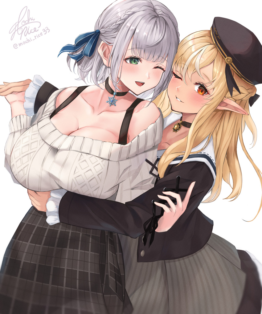 2girls absurdres black_choker black_dress black_jacket black_tank_top blonde_hair braid choker couple dark-skinned_female dark_skin dress elf french_braid green_eyes grey_dress grey_hair highres hololive jacket jewelry long_hair looking_at_viewer medium_hair mochi_rice_(mochi_rice33) multicolored_hair multiple_girls off-shoulder_sweater off_shoulder pendant pendant_choker pinstripe_dress pinstripe_pattern pointy_ears ribbed_sweater sailor_collar sailor_dress shiranui_flare shirogane_noel short_dress short_hair smile snowflake_pendant streaked_hair striped striped_dress sweater tank_top vertical-striped_dress vertical_stripes virtual_youtuber wavy_hair white_sailor_collar white_sweater