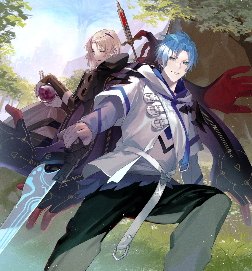 2boys :d absurdres armor back-to-back bangs belt black_pants blonde_hair blue_hair brown_pants cape chinese_commentary ear_piercing english_commentary extra_arms feather_trim feet_out_of_frame flask grey_hoodie gun gunblade highres holding holding_flask holding_gun holding_syringe holding_weapon holostars holostars_english hood hood_down hoodie isal_(lasi) jacket layered_sleeves light_particles long_sleeves looking_at_viewer looking_back lower_teeth_only magni_dezmond male_focus mixed-language_commentary mole mole_under_mouth multicolored_hair multiple_boys pants parted_bangs piercing potion purple_cape purple_nails regis_altare rock round-bottom_flask short_hair short_over_long_sleeves short_sleeves shoulder_armor smile streaked_hair syringe teeth tree vambraces virtual_youtuber weapon white_belt white_jacket yellow_eyes