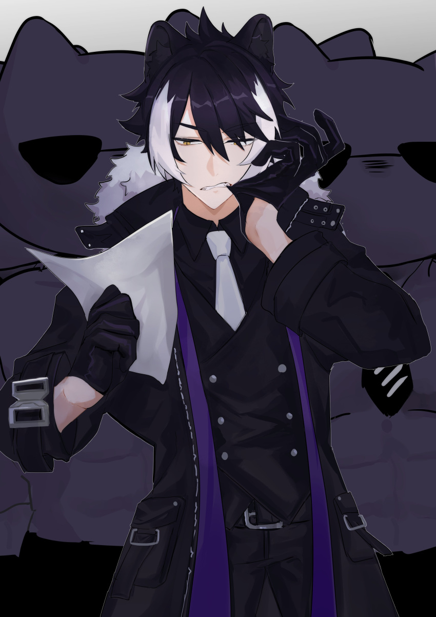 1boy absurdres animal animal_ears belt biting black_belt black_coat black_gloves black_hair black_pants black_shirt black_vest bukatachi_(kageyama_shien) buttons cat coat collared_shirt cowboy_shot double-breasted fangs fur-trimmed_coat fur_trim glove_biting gloves grey_background hair_between_eyes half_gloves highres holding holding_paper holostars jackal_boy jackal_ears kageyama_shien male_focus miyanokankyu multicolored_hair necktie open_clothes open_coat oversized_animal pants paper reading shirt short_hair simple_background solo stole sunglasses two-tone_hair v-shaped_eyebrows vest virtual_youtuber white_hair white_necktie yellow_eyes