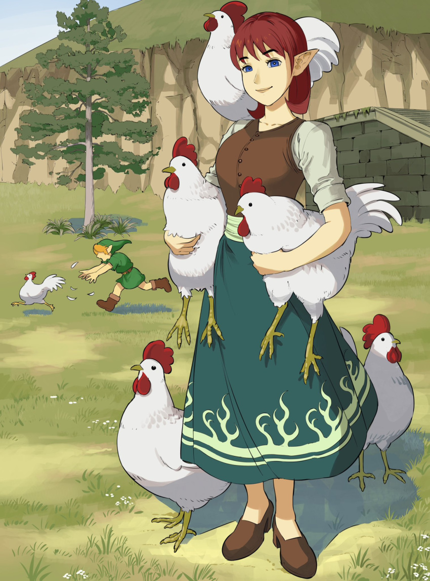 1boy 1girl animal anju bird blonde_hair blue_eyes boots breasts chasing chicken cliff commentary english_commentary giganticbuddha grass green_headwear hat highres holding holding_animal link long_skirt medium_breasts medium_hair pointy_ears redhead shadow skirt sleeves_rolled_up the_legend_of_zelda the_legend_of_zelda:_ocarina_of_time tree young_link