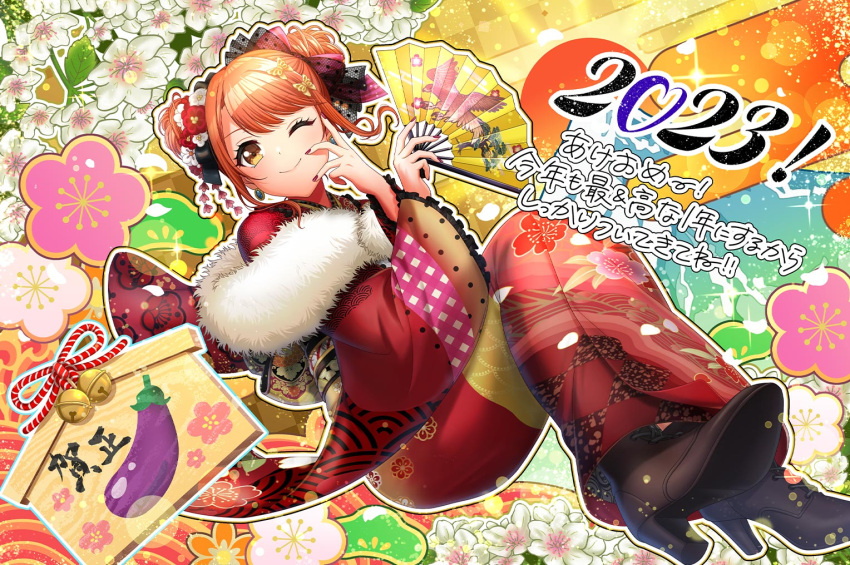 blush brown_eyes brown_hair d4dj dress kimono long_hair seto_rika smile wink