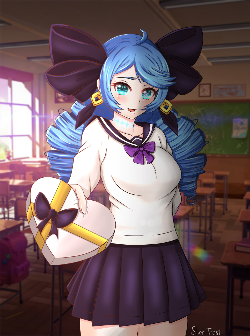 1girl absurdres alternate_costume blue_eyes blue_hair breasts chocolate drawing drill_hair frosver gwen_(league_of_legends) highres league_of_legends long_hair school_uniform smile twin_drills twintails
