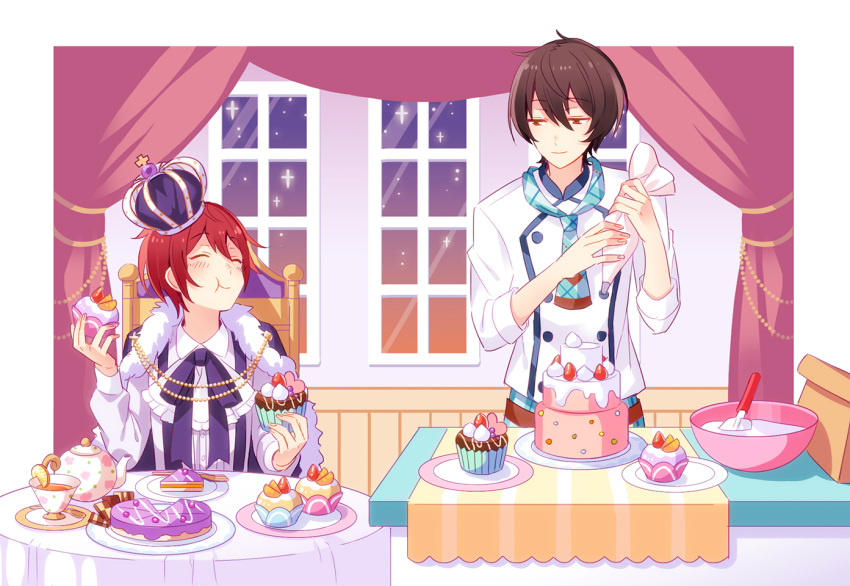 2boys ^_^ ascot bangs black_cape black_hair black_ribbon blush bowl buttons cake cake_slice cape chair checkerboard_cookie closed_eyes closed_mouth collared_shirt commentary_request cookie crown cup cupcake curtains double-breasted ensemble_stars! food fork fur-trimmed_cape fur_trim hair_between_eyes hands_up holding holding_food icing jacket kina_(446964) long_sleeves looking_at_another looking_to_the_side male_focus mixing_bowl multiple_boys neck_ribbon night pastry_bag plate red_eyes redhead ribbon sakuma_ritsu saucer shirt short_hair sidelocks sitting smile standing star_(sky) suou_tsukasa table tablecloth tea teacup teapot tray upper_body white_ascot white_jacket white_shirt window wing_collar