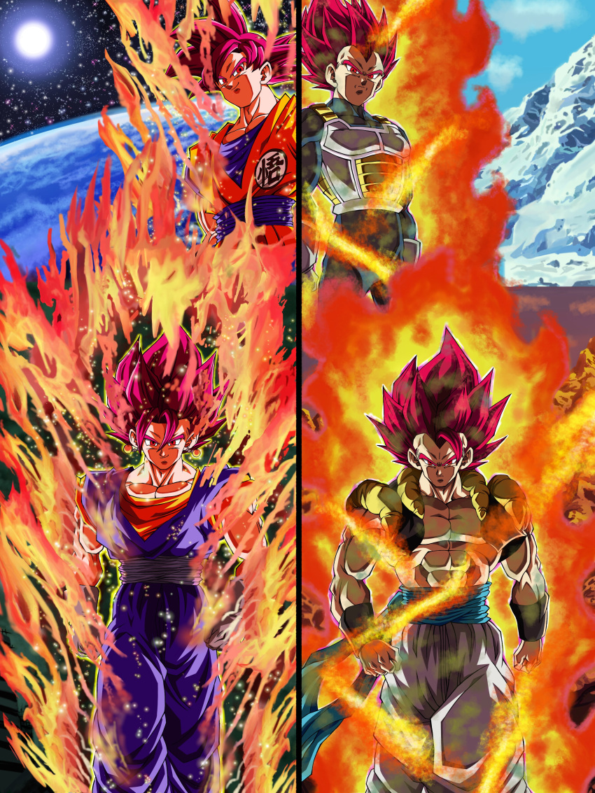 4boys abs absurdres armor aura blue_sky commentary_request dougi dragon_ball dragon_ball_heroes dragon_ball_super dragon_ball_super_broly earrings earth_(planet) fire frown furrowed_brow gloves gogeta highres hiro_(udkod1ezlyi2flo) jewelry male_focus metamoran_vest mountain multiple_boys muscular muscular_male planet potara_earrings red_eyes redhead sky smile son_goku space split_screen sun super_saiyan super_saiyan_god vegeta vegetto white_gloves