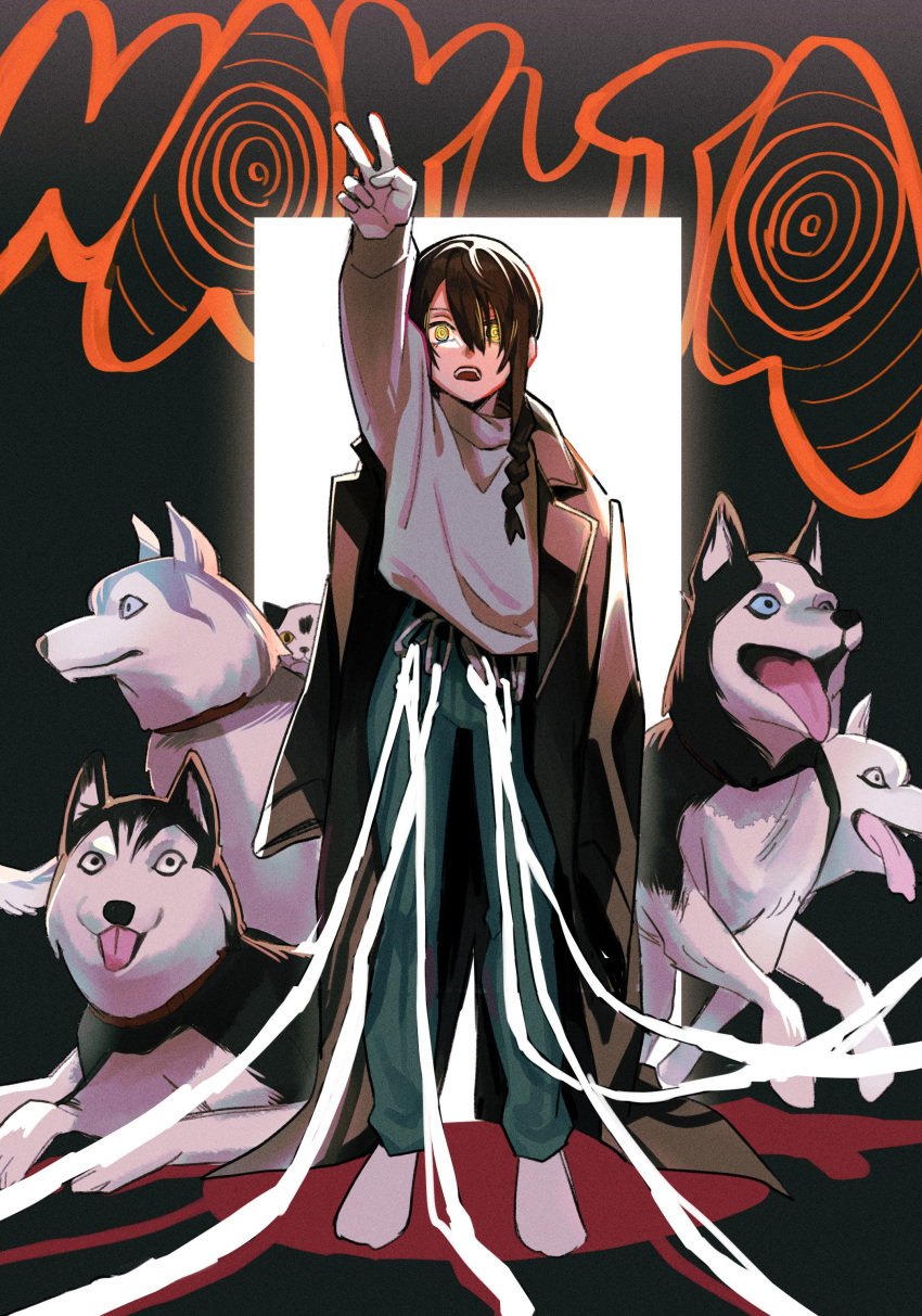 1girl absurdres arm_up black_coat black_hair braid braided_ponytail chainsaw_man character_name coat coat_on_shoulders dog grey_sweater hair_over_one_eye highres husky leash_belt looking_at_viewer medium_hair nayuta_(chainsaw_man) open_mouth ringed_eyes sidelocks soubu_yuusuke sweater sweater_tucked_in tongue tongue_out v yellow_eyes