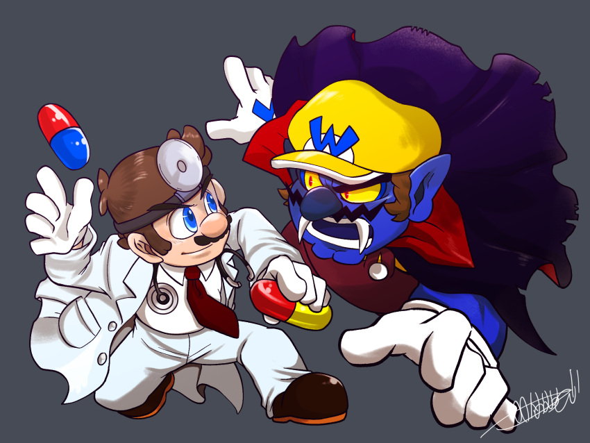 2boys blue_eyes blue_skin brown_footwear brown_hair buttons cape cleft_chin closed_mouth coat collared_cape collared_shirt colored_sclera colored_skin commentary_request dr._mario dr._mario_(game) facial_hair fangs full_body gloves grey_background hat head_mirror highres holding_pill labcoat long_sleeves looking_at_another male_focus mario multiple_boys mustache necktie omu_(sinsindan) open_clothes open_coat open_mouth overalls pants pill pointy_ears purple_cape purple_overalls purple_pants red_eyes red_necktie shirt shoes short_hair short_sleeves signature simple_background smile smirk standing stethoscope super_mario_bros. teeth v-shaped_eyebrows vampire wario wario_land wario_land_3 white_coat white_gloves white_pants white_shirt yellow_headwear yellow_sclera yellow_shirt