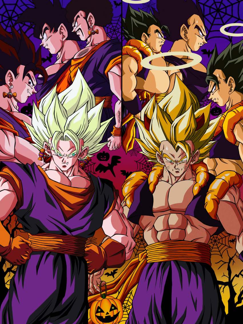 6+boys abs absurdres afro blonde_hair candy_earrings chest_hair commentary dragon_ball dragon_ball_z earrings english_commentary facial_hair facial_mark fang fat fat_man frown gloves gogeta gotan green_eyes halo hands_on_hips highres hiro_(udkod1ezlyi2flo) jack-o'-lantern jewelry large_pectorals male_focus metamoran_vest mixed-language_commentary multiple_boys muscular muscular_male mustache orange_gloves pectorals serious son_goku super_saiyan super_saiyan_1 vegeta vegetto veku whisker_markings white_gloves wristband