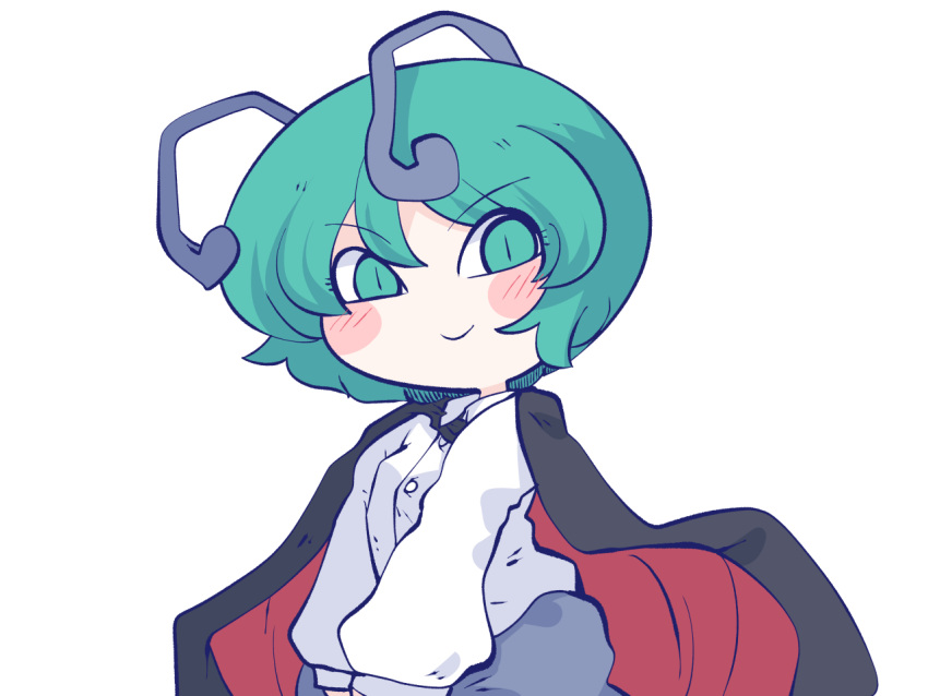 1girl antennae black_cape blue_pants blush_stickers buttons cape chahan_(fried_rice0614) closed_mouth collared_shirt green_eyes green_hair long_sleeves looking_at_viewer pants red_cape shirt short_hair simple_background smile solo touhou upper_body white_background white_shirt wriggle_nightbug