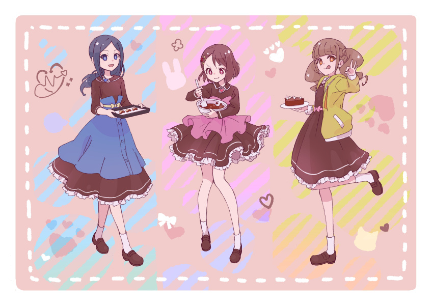 +_+ 3girls :q absurdres aoizumi_(eichinohikari) asymmetrical_bangs bangs black_dress black_footwear blue_eyes blue_hair blunt_bangs bowl brown_hair cake cake_slice chocolate closed_mouth collared_dress cooking dress food frilled_dress frills frying_pan hair_ornament hairclip hanadera_nodoka healin'_good_precure heart highres hiramitsu_hinata holding holding_bowl holding_plate hood hood_down hoodie leg_up loafers long_hair long_sleeves looking_at_viewer low_ponytail medium_dress medium_hair mixing_bowl multiple_girls ok_sign open_clothes open_hoodie open_mouth orange_eyes plate precure sawaizumi_chiyu shoes short_dress short_hair smile socks standing standing_on_one_leg tongue tongue_out twintails valentine violet_eyes white_socks yellow_hoodie