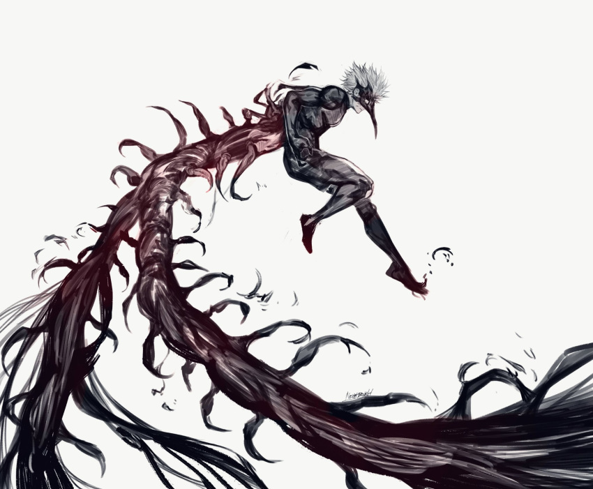 1boy bangs biceps bodysuit commentary eye_mask full_body highres kagune_(tokyo_ghoul) kaneki_ken male_focus muscular muscular_male short_hair simple_background solo tokyo_ghoul white_background yourfreakyneighbourh