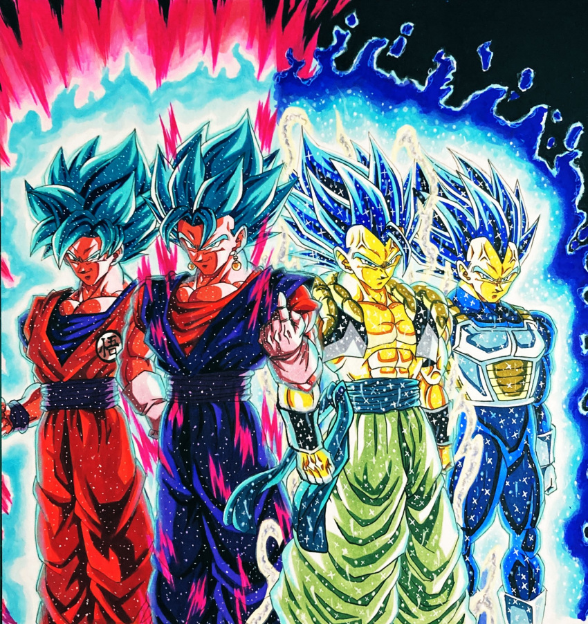 4boys abs anger_vein armor aura blue_eyes blue_hair clenched_hands commentary_request dougi dragon_ball dragon_ball_heroes dragon_ball_super earrings gloves gogeta hand_on_hip highres hiro_(udkod1ezlyi2flo) jewelry kaiouken large_pectorals male_focus marker_(medium) metamoran_vest multiple_boys muscular muscular_male pectorals potara_earrings son_goku sparkle super_saiyan super_saiyan_blue super_saiyan_blue_evolved traditional_media vegeta vegetto white_gloves