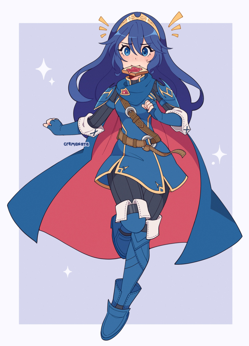 1girl absurdres black_pants blue_eyes blue_footwear blue_gloves blue_hair blush cape cremanata elbow_gloves fire_emblem fire_emblem_awakening food food_in_mouth gloves highres long_hair lucina_(fire_emblem) mouth_hold pants simple_background toast toast_in_mouth