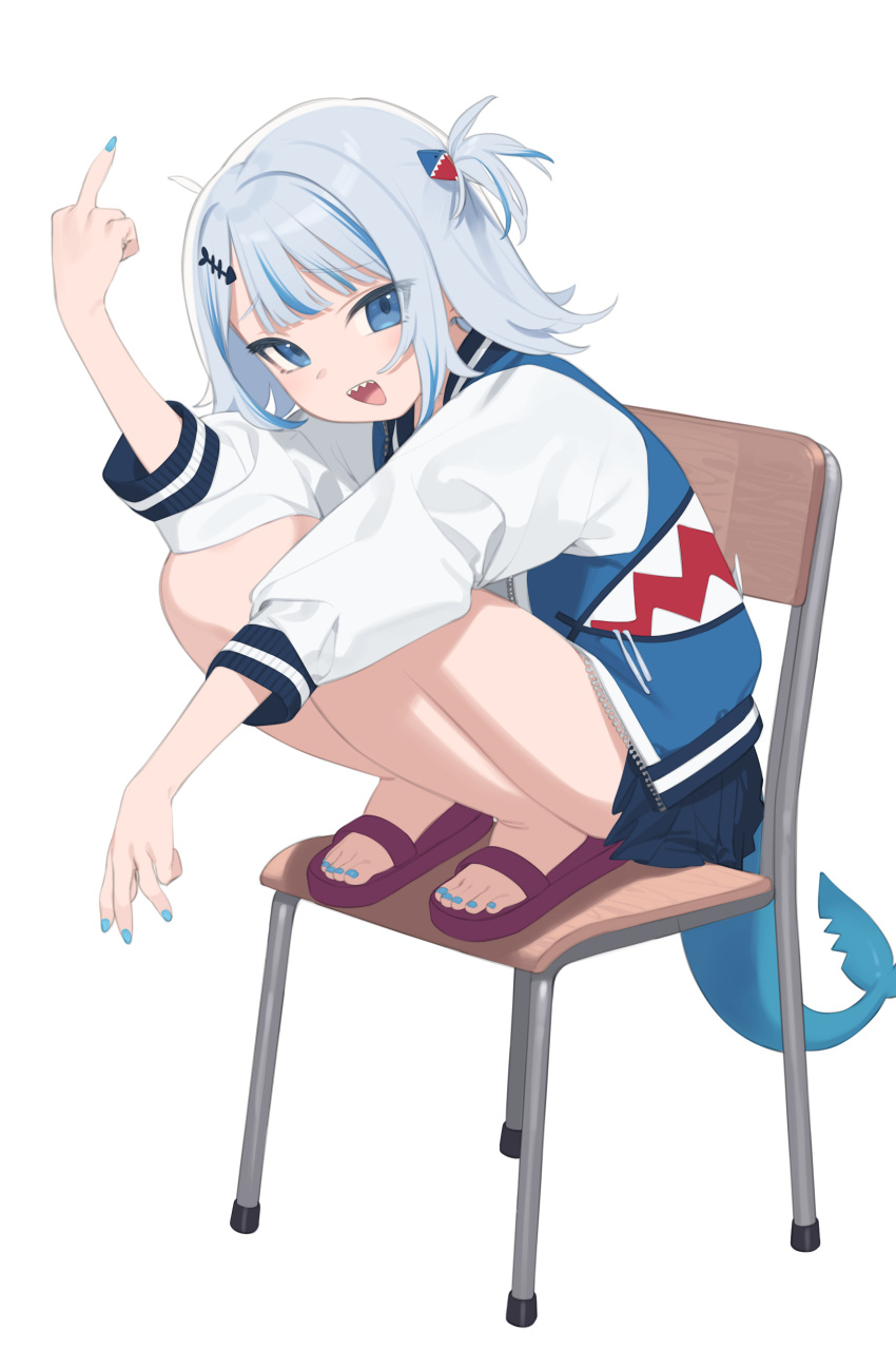 1girl :d absurdres bangs blue_eyes blue_hair blue_nails blue_skirt blunt_bangs chair fish_tail full_body gawr_gura grey_hair hair_ornament highres hololive hololive_english jacket kaniman looking_at_viewer middle_finger multicolored_hair open_mouth pleated_skirt sandals shark_girl shark_tail sharp_teeth simple_background sitting skirt smile solo streaked_hair tail teeth two_side_up unzipped virtual_youtuber white_background