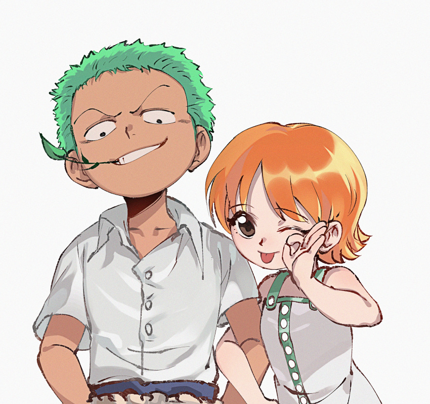 1boy 1girl absurdres aged_down brown_eyes dress dududu green_hair grin highres looking_at_viewer mouth_hold nami_(one_piece) ok_sign one_eye_closed one_piece redhead roronoa_zoro shirt short_hair short_sleeves sleeveless sleeveless_dress smile stalk_in_mouth tongue tongue_out upper_body white_dress white_shirt