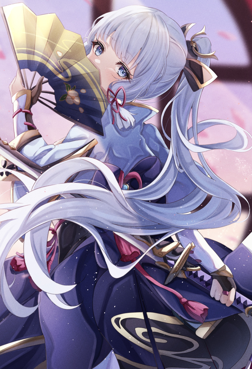 1girl absurdres blue_eyes blue_hair blunt_ends commentary covered_mouth from_behind genshin_impact hair_ribbon hand_fan hand_up highres holding holding_fan holding_sword holding_weapon japanese_clothes kamisato_ayaka light_blue_hair long_hair looking_at_viewer mole mole_under_eye ponytail red_ribbon ribbon sa-ya2 solo sword tress_ribbon weapon