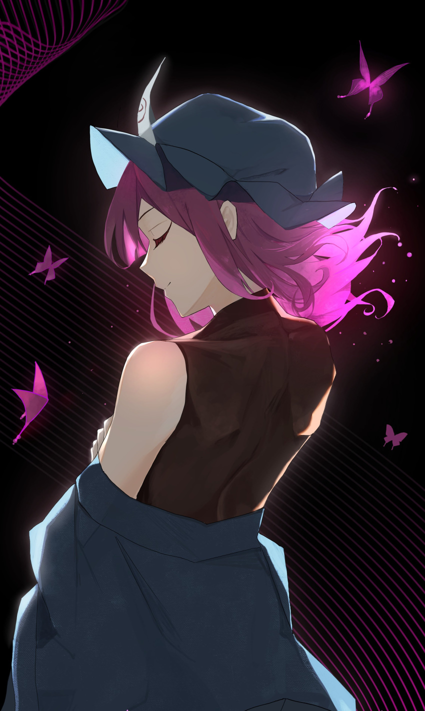 1girl absurdres back bangs bare_shoulders black_background black_shirt blue_dress blue_headwear bug butterfly butterfly_wings closed_eyes closed_mouth dress flying hair_between_eyes hand_up hat highres long_sleeves mob_cap open_clothes open_dress palulap pink_hair saigyouji_yuyuko shirt short_hair sleeveless sleeveless_shirt smile solo standing t-shirt touhou triangular_headpiece wings