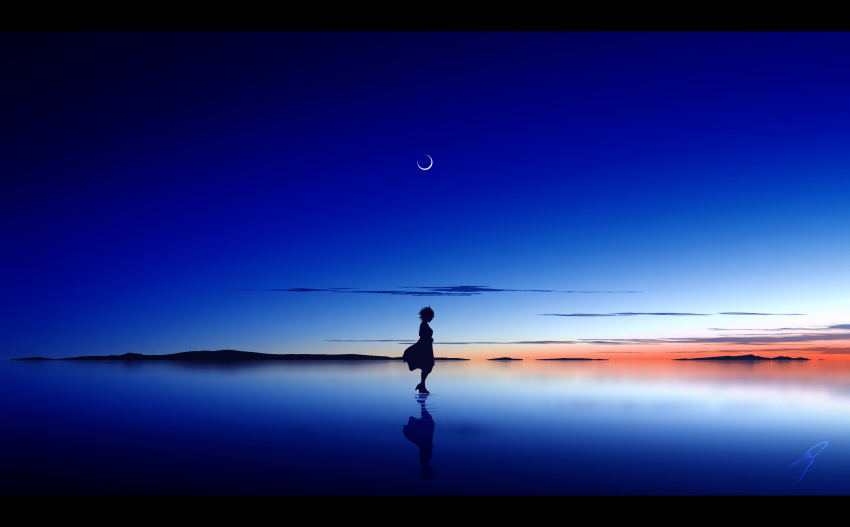 1girl absurdres blue_sky clouds commentary_request crescent_moon dress fantasy high_heels highres moon morning mountain nengoro original outdoors reflection ripples scenery short_hair signature silhouette sky solo standing standing_on_liquid sunrise