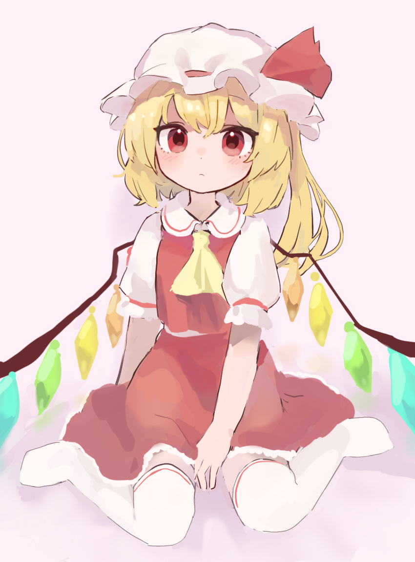 1girl :c ameshi_(rzuw4482) arm_support ascot bangs between_legs blonde_hair blush closed_mouth crystal dot_nose expressionless flandre_scarlet frilled_sleeves frills full_body hand_between_legs hat highres long_hair looking_at_viewer mob_cap no_shoes one_side_up pink_background puffy_short_sleeves puffy_sleeves red_eyes red_skirt red_vest short_sleeves sitting skirt skirt_set solo straight-on thigh-highs touhou vest wariza white_headwear white_thighhighs wings yellow_ascot zettai_ryouiki