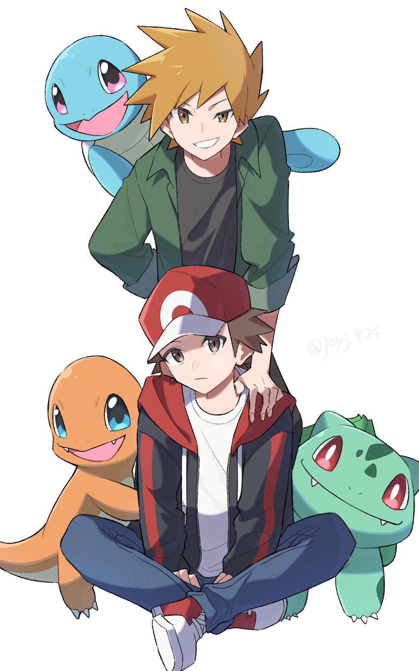 2boys absurdres bangs baseball_cap blue_oak brown_eyes brown_hair bulbasaur charmander closed_mouth commentary grin hand_on_another's_shoulder hat highres hood hood_down hoodie jayj_824 leaning_forward looking_at_viewer male_focus multiple_boys open_clothes open_hoodie pants pokemon pokemon_(creature) pokemon_(game) pokemon_frlg red_(pokemon) red_headwear shirt shoes short_hair sitting smile sneakers spiky_hair squirtle starter_pokemon_trio symbol-only_commentary teeth white_shirt