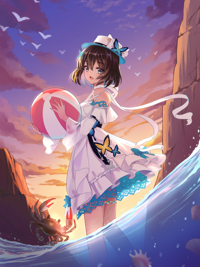 absurdres ball bare_legs bare_shoulders beachball bird_wings black_hair blue_bow blue_eyes blue_trim bow breasts butterfly_hair_ornament clouds cloudy_sky collar crab dress earrings from_below hair_between_eyes hair_ornament hat hat_bow highres holding holding_ball honkai_(series) honkai_impact_3rd jewelry jm_hongmigao lace_trim leg_ribbon looking_back open_mouth ribbon see-through seele_vollerei shell short_hair sky small_breasts smile standing sunset water white_dress wings