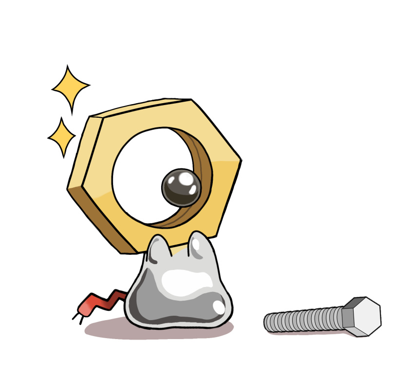 black_eyes commentary_request full_body hands_up highres looking_down meltan nut_(hardware) pokemon screw simple_background sparkle white_background zero_(sleepy_meltan)