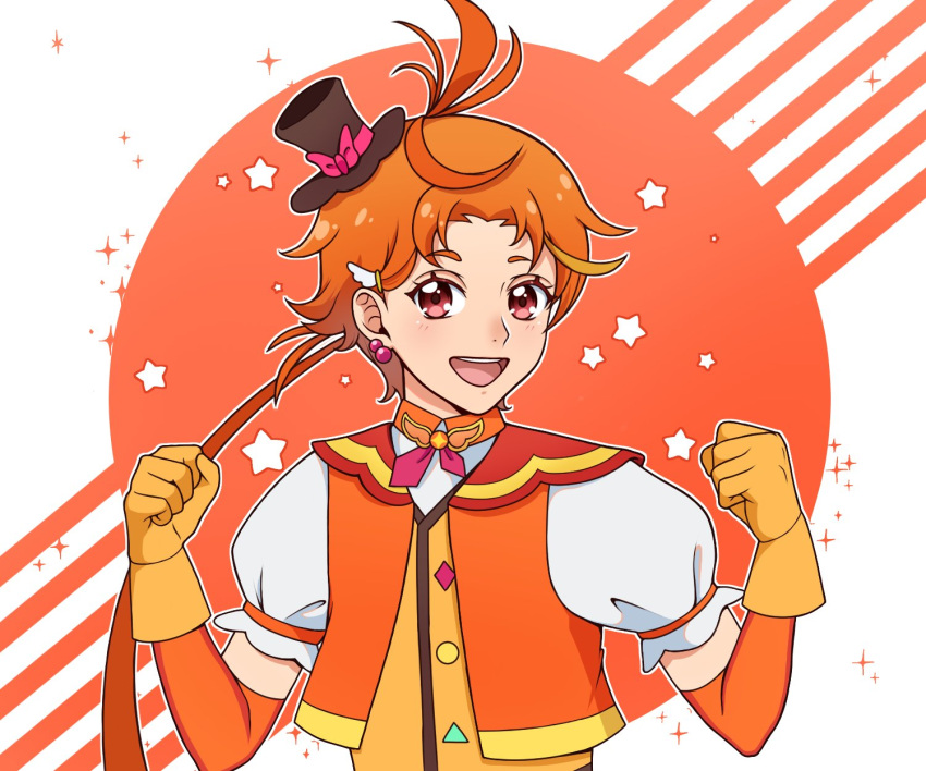 1boy bangs brooch clenched_hands cure_wing earrings gloves hat highres hirogaru_sky!_precure jewelry long_hair lottiestarshot magical_boy male_focus mini_hat mini_top_hat orange_gloves orange_hair parted_bangs ponytail precure red_eyes smile solo top_hat wing_brooch wing_hair_ornament