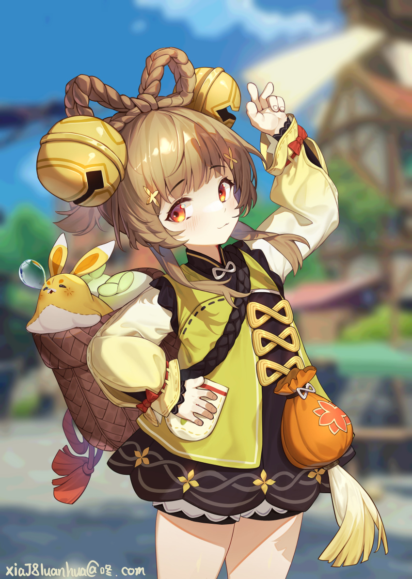 1girl absurdres arm_up azema backpack bag bare_legs bell blurry blurry_background blush braid brown_eyes brown_hair closed_mouth cowboy_shot dress email_address genshin_impact green_dress hair_ornament hand_on_hip highres jingle_bell looking_to_the_side messy_hair petite pouch short_hair shorts sleep_bubble sleeping sleeping_on_person tassel yaoyao_(genshin_impact) yuegui_(genshin_impact)