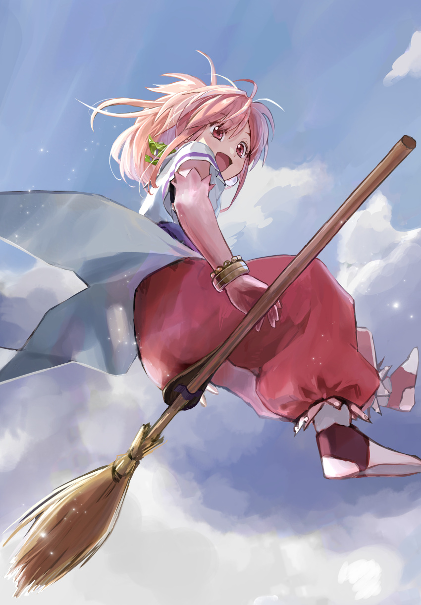 1girl absurdres arche_klein blue_eyes blue_sky bracelet broom broom_riding clouds earrings elbow_gloves flying from_below gloves highres ishiyuki jewelry long_hair looking_afar open_mouth pants pink_eyes pink_hair pink_pants ponytail sitting sky smile solo tales_of_(series) tales_of_phantasia wide_ponytail