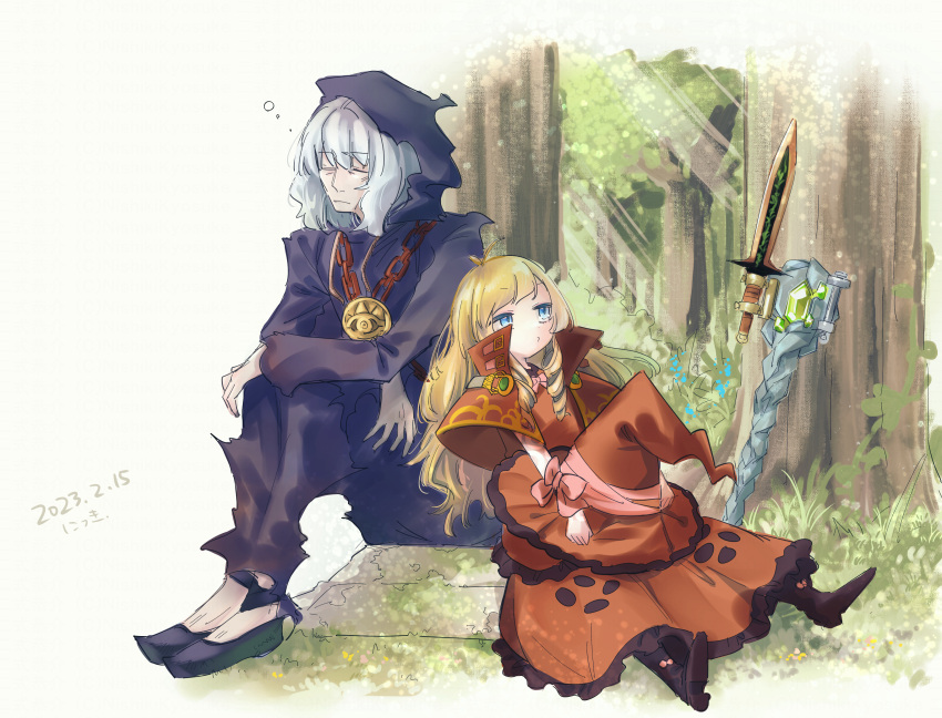1boy 1girl absurdres black_footwear blonde_hair blue_eyes character_request closed_eyes curse_maker dated doctor_magus doctor_magus_4 dress full_body hat hat_removed headwear_removed highres hood long_dress nikki_kyousuke outdoors red_dress red_headwear sekaiju_no_meikyuu sekaiju_no_meikyuu_2 short_sword sitting staff sword weapon white_hair witch_hat
