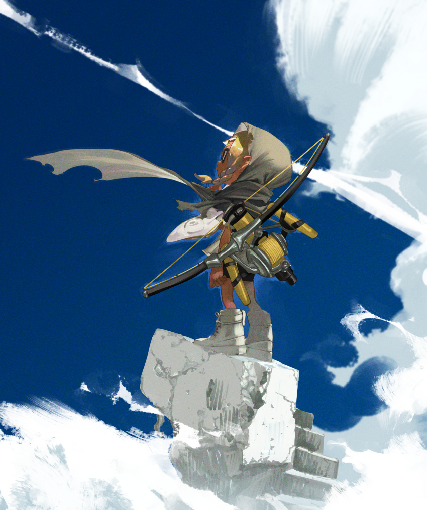 1girl absurdres arm_at_side bangs black_shorts blonde_hair blue_sky blunt_bangs bow_(weapon) braid closed_mouth clouds cloudy_sky contrail dark_skin day domino_mask facing_away fishing_line full_body grey_scarf hand_up highres hood inkling inkling_girl kento_matsuura looking_up mask orange_eyes outdoors over_shoulder pointy_ears rubble scarf shirt shoes short_eyebrows short_shorts short_sleeves shorts side_braid sky sneakers solo splatoon_(series) splatoon_3 stairs standing tentacle_hair tri-stringer_(splatoon) weapon weapon_over_shoulder white_shirt wind wind_lift