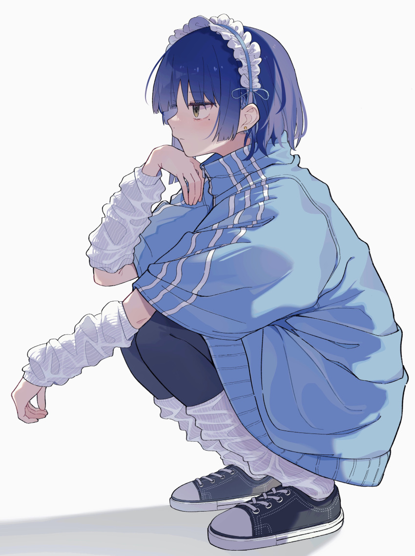 1girl absurdres arm_on_knee arm_warmers asymmetrical_sidelocks bangs black_pantyhose blue_hair blue_jacket blunt_bangs bocchi_the_rock! closed_mouth frilled_hairband frills from_side full_body hairband half-closed_eyes hand_up high_collar highres jacket leg_warmers light_blush looking_ahead maid_headdress mole mole_under_eye nenehotoso oversized_clothes pantyhose shadow shoes short_hair short_sleeves sidelighting sneakers solo squatting track_jacket white_background yamada_ryou yellow_eyes