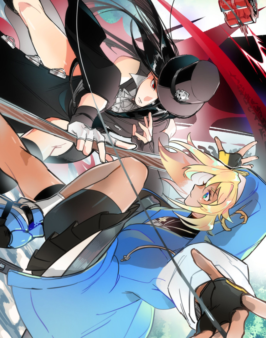 1girl 1other 3_sa_sa absurdres androgynous ascot bike_shorts bike_shorts_under_skirt black_gloves black_hair black_headwear black_shorts black_skirt blonde_hair blue_eyes bridget_(guilty_gear) cuffs fingerless_gloves gloves guilty_gear guilty_gear_strive habit handcuffs highres holding holding_weapon hood hood_up hooded_jacket hoodie jacket long_hair looking_at_viewer looking_to_the_side medium_hair open_clothes open_hoodie other_focus pleated_skirt red_eyes shorts skirt testament_(guilty_gear) weapon white_ascot yo-yo